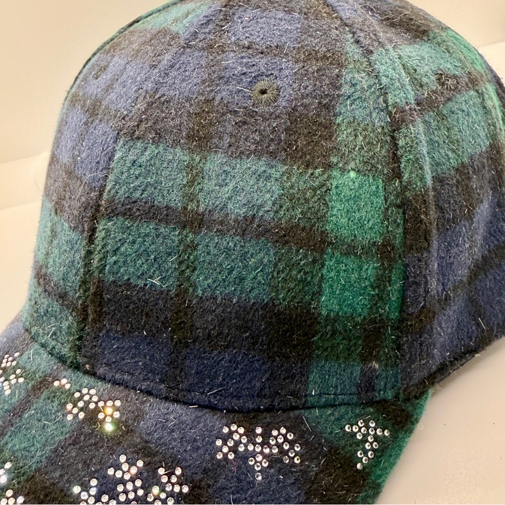 Plaid Green and Blue Women's Hat with Snowflake Design - Picture 11 of 11